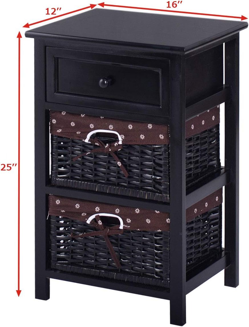 Giantex Wooden Nightstand 3 Tiers W/ 2 Baskets and 1 Drawer Bedside Sofa Storage Organizer for Home Living Room Bedroom End Table (1, Black)