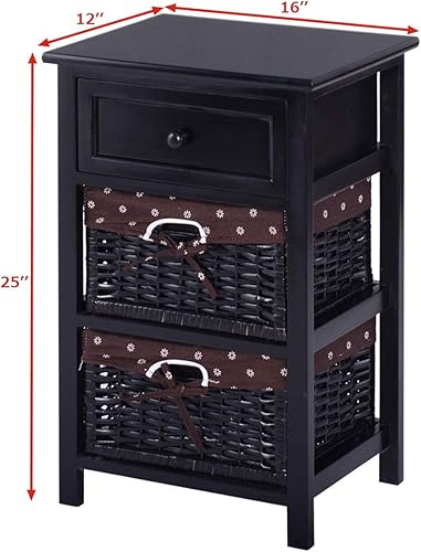 Miniatura 3 de Giantex Mesita de noche de madera de 3 niveles con 2 cestas y 1 cajón, organizador de almacenamiento para el hogar, sala de estar, dormitorio, mesa