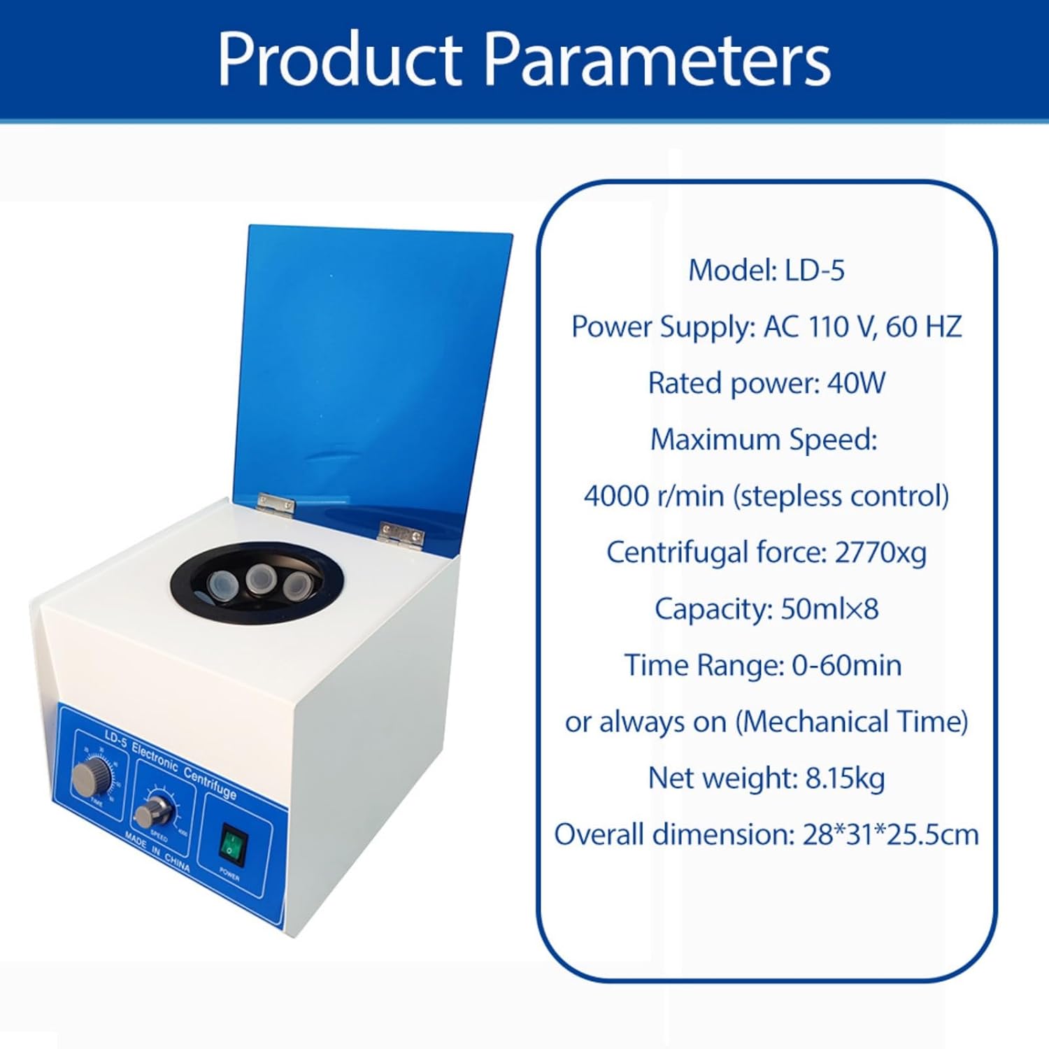 110V Lab Electric Benchtop Centrifuge Machine LD-5 Desktop 8 * 50ml Lab Centrifuges Timer & Speed Control 4000rpm