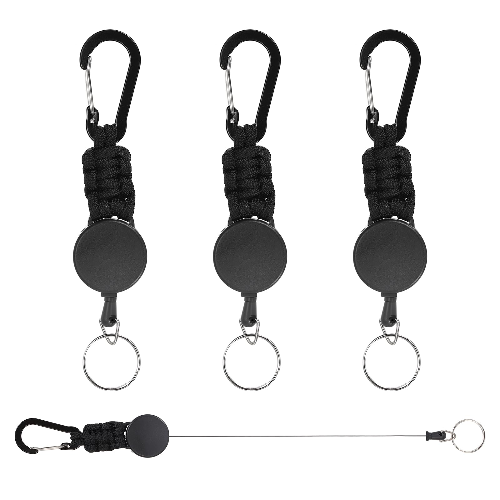 PATIKIL Retractable Keychain, 4 Pcs Heavy Duty Carabiners Badge Holder Reel ID Holder Clip Key Chain with 27" Steel Cord for Bags Keys Ring Cards Electronics, Black