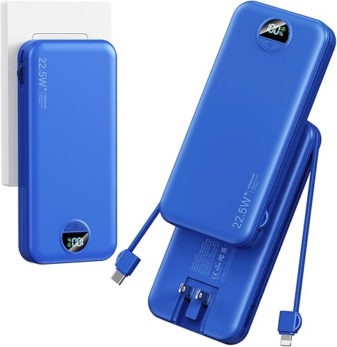 Cargador ultraportátil de 12000 mAh con cables integrados y enchufe de pared de CA, cargador de teléfono celular PD20W USB-C de carga rápida,