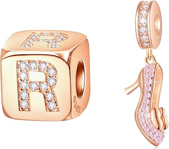 GEMDAZZ Rose Gold Charm Set, Fit DIY Bracelet, Letter R Dice Charm and High Heel Pendant Charms in 925 Sterling Silver, Gift for Girlfriend/Daughter