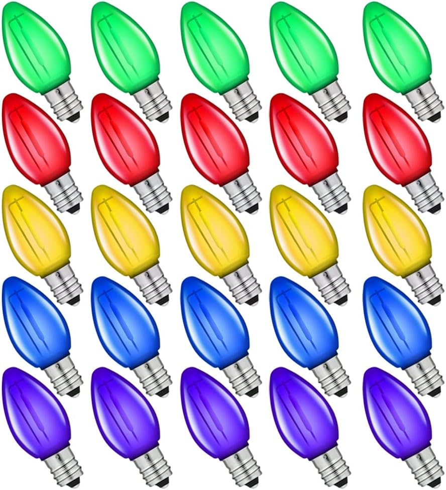 NETEHA 25 Pack C7 Multicolor Led Replacement Christmas Light Bulb, C7 E12 Base 120V Waterproof Led Bulbs for Christmas Outdoor String Lights, Halloween Decoration Bulb
