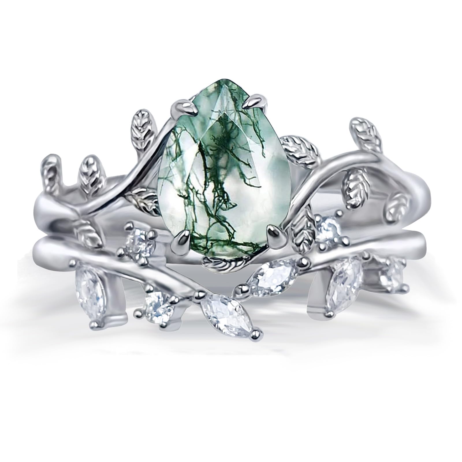 Natural Moss Agate Ring Set 925 Sterling Silver and Pear Birthstone Ring Set Leaf Birthday Engagement Wedding Promise Ring for Her Birthday Christmas