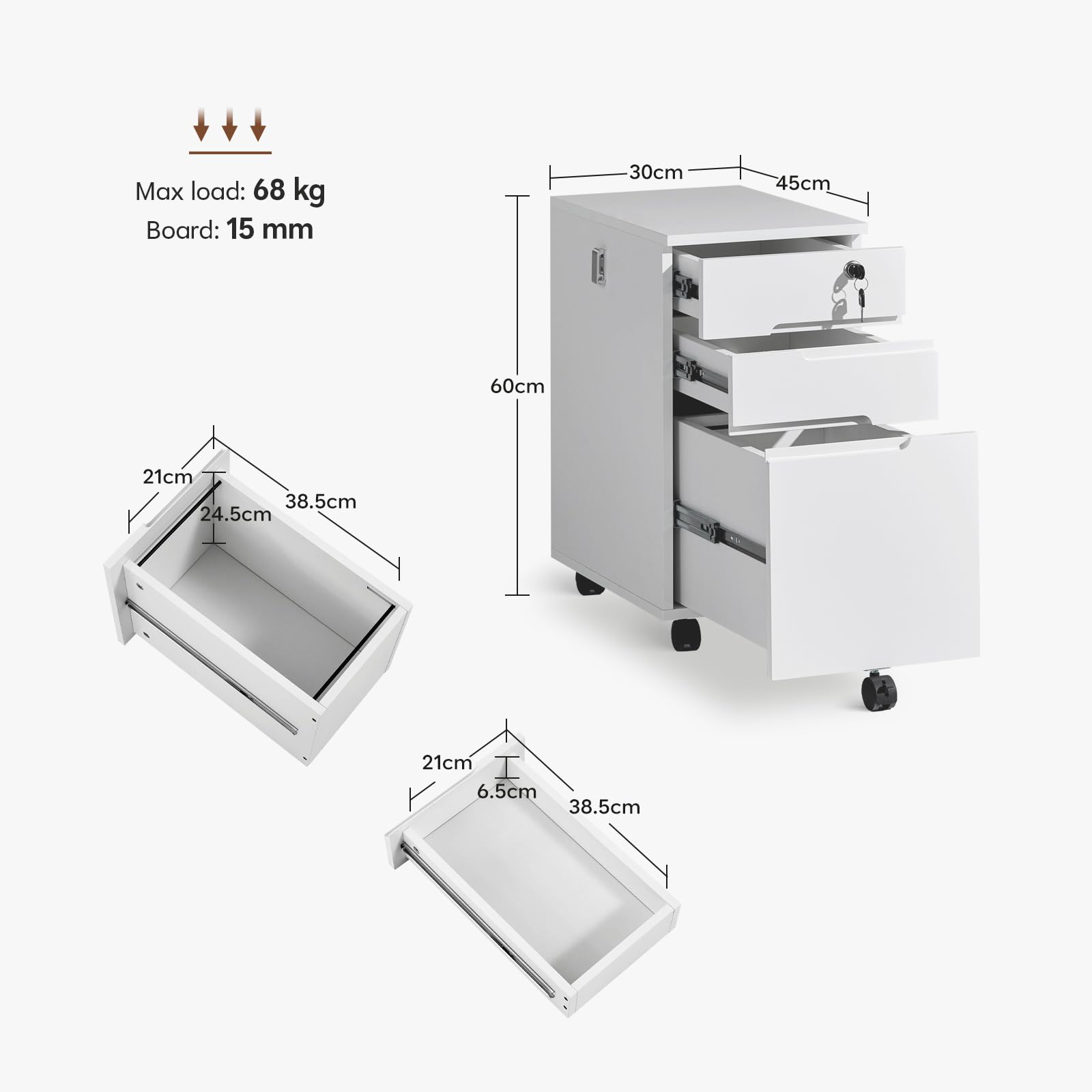 TUKAILAi 3 Drawer Lockable Filing Cabinet on Wheels for Hanging A4 Files, C-white, 45x30x60cm - Image 2