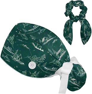 Scrub Caps Women, Surgical Caps with Buttons, Ponytail Nurse Hat, Bouffant Scrub Hats with Hair Scrunchy Adjustable, Forest Cartoon Fishing Cabin Nature Vintage Pastorable Retro Green