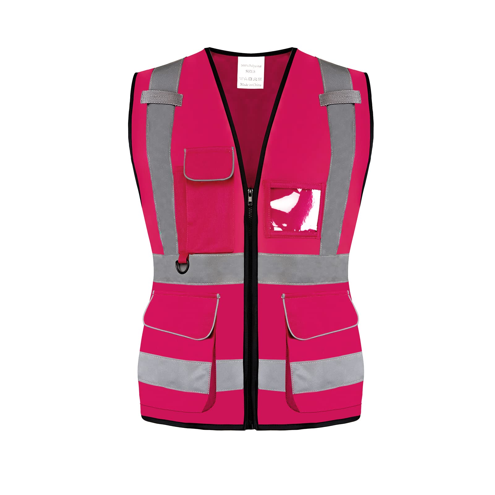 Shin Fashion 7 Pockets Class 2 Women's Hi Vis Reflective Safety Vest Executive Waistcoat, Meets ANSI/ISEA Standard Rose Red, L