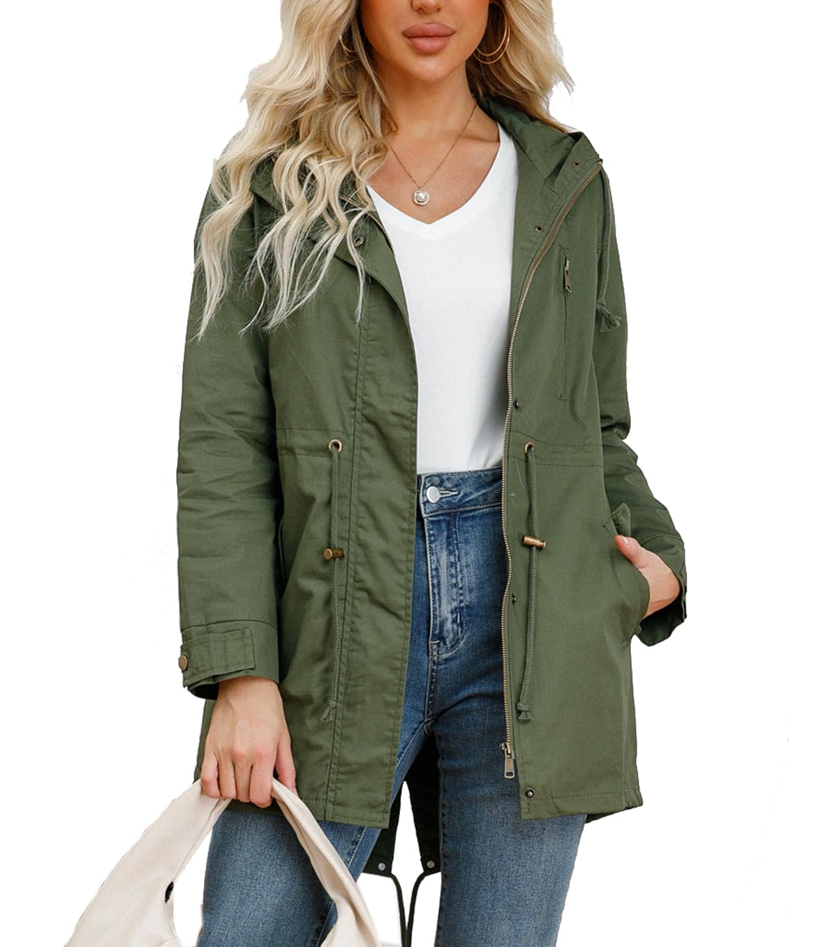 Damen Casual Leichtgewicht Militär Jacken Anorak Utility hohe Taille Drawstring Zip Up Hood Mantel