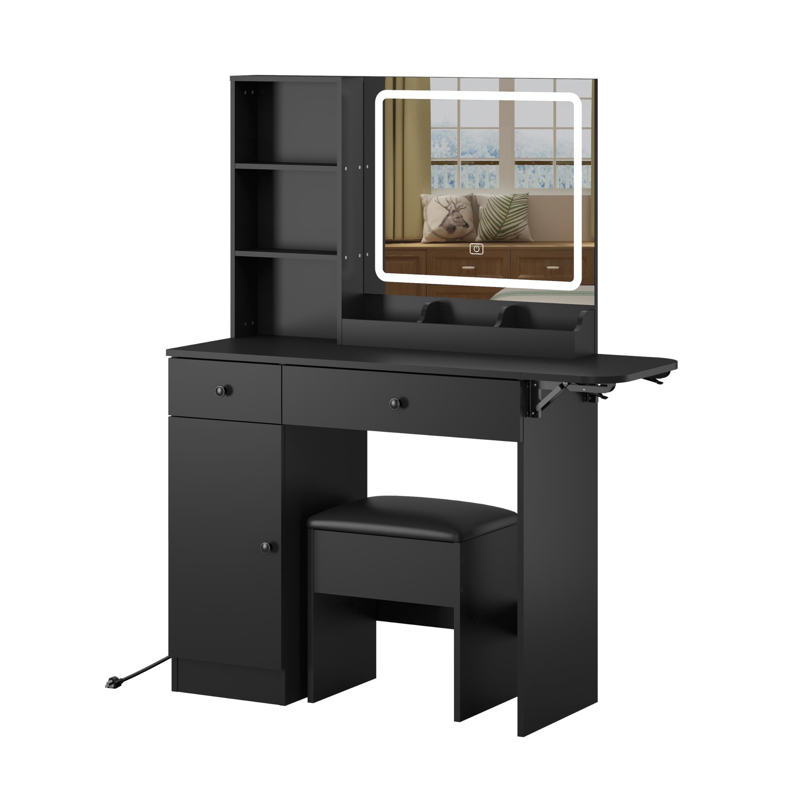 Vanity Desk Set with Fold-up Panel, 2 Drawers & 1 Cabinet Makeup Table with Mirror and LED Lights Power Outlet, Storage Cushioned Stool, Dressing Table for Bedroom (Black)