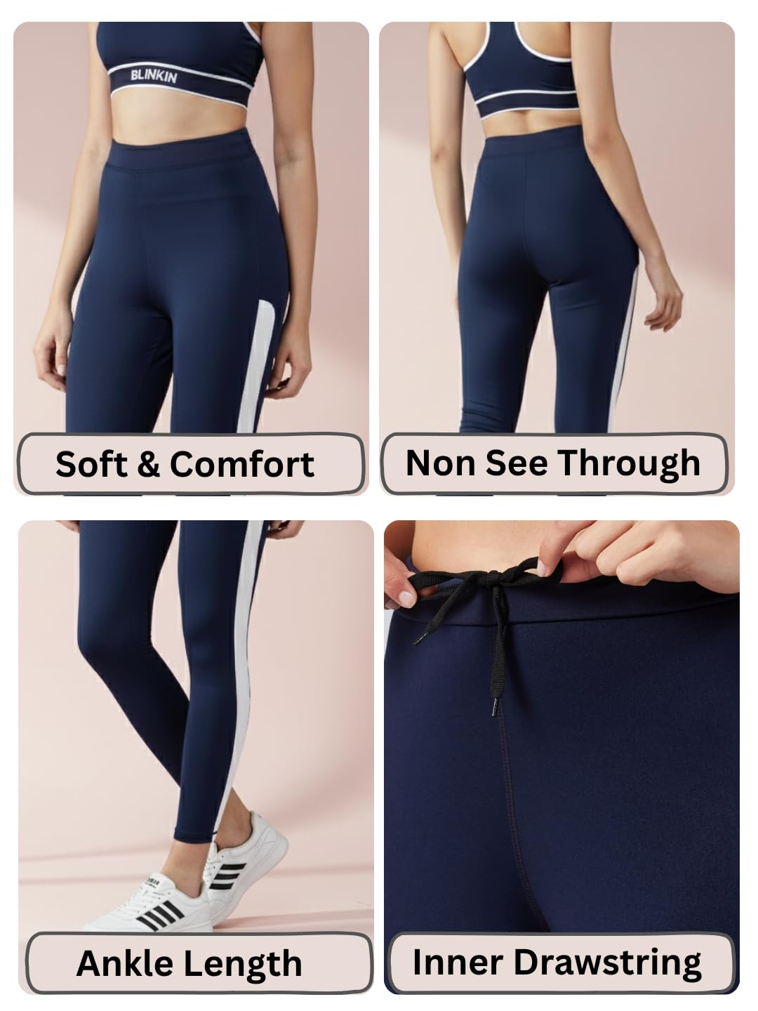 BLINKIN Stretchable Gym Tights & Leggings for Women Workout, High Rise, Tummy Control & Squat Proof Active Wear Yoga Pants (9150_Color_Navy Blue with White Stripes,Size_Medium) 4