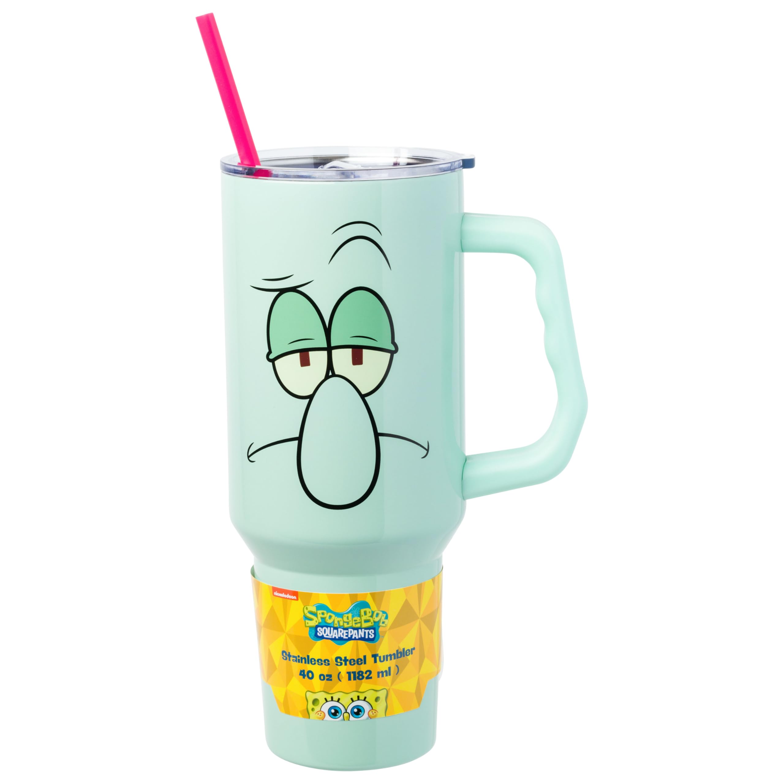 Silver Buffalo SpongeBob SquarePants Stainless Steel Tumbler with Handle Featuring Squidward, Fits in Standard Cup Holder, 40 Ounces