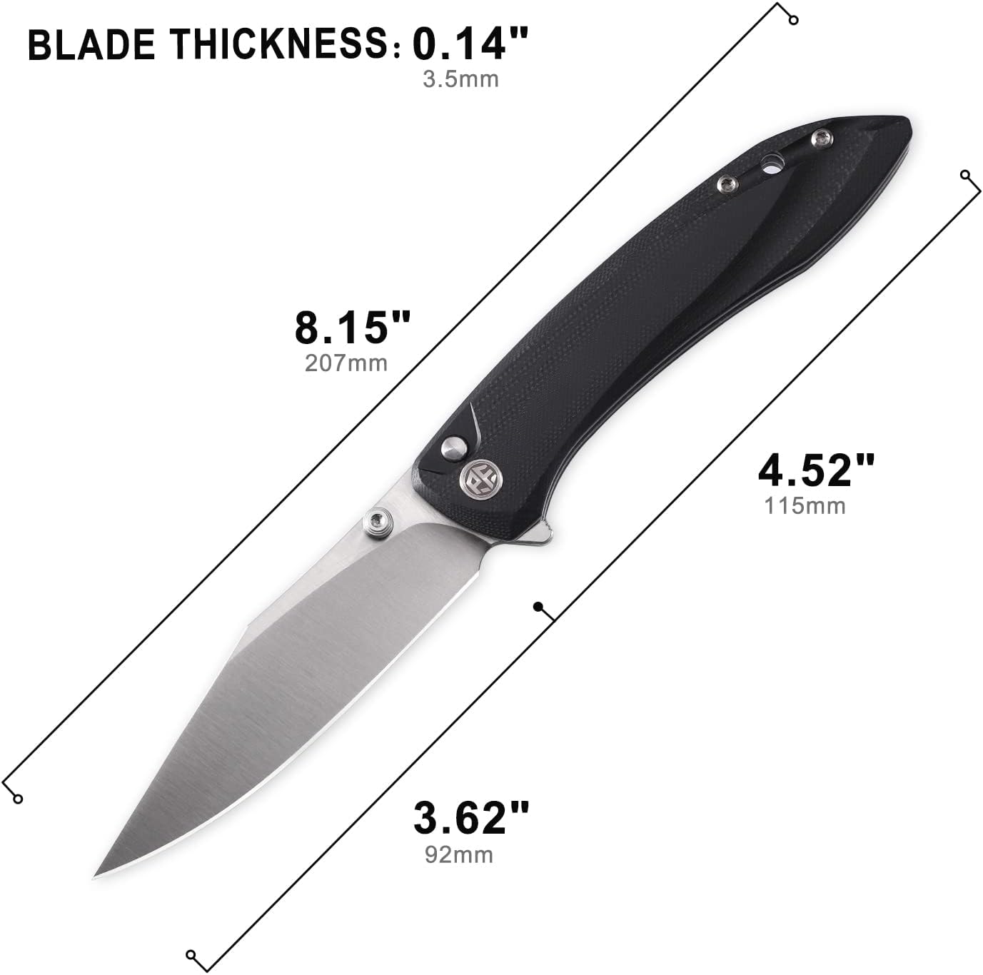 Petrified fish PFE08 Grow Folding Knife,3.62" K110 Satin Blade, 3.8oz G10 Handle Button Lock Pocket Knife for EDC (Black G10)