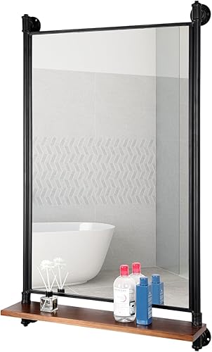 Miniatura 3 de Espejo de tubo industrial, estantes de madera, espejo de dormitorio con estante, espejos rectangulares de pared de hierro para sala de estar y