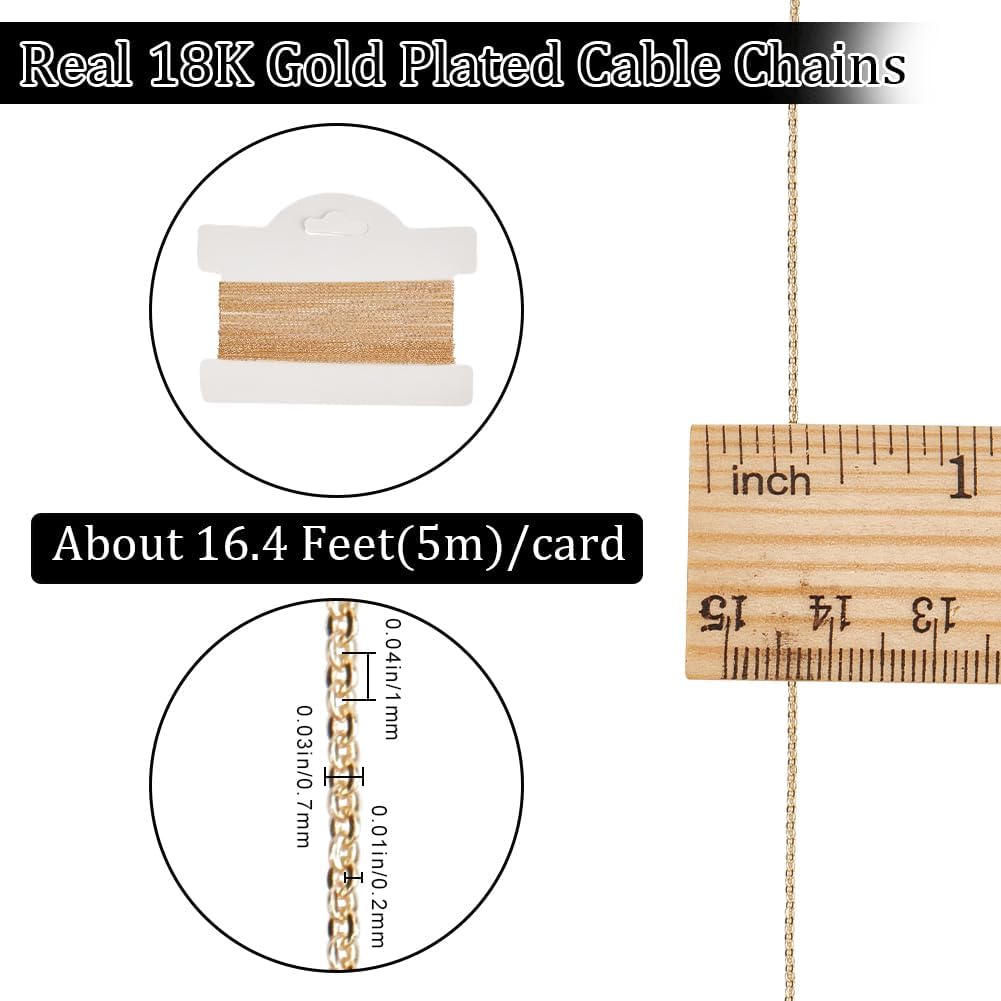 Beebeecraft Cable Chain for Jewelry Making 16.4 Feet 18K Gold Plated Brass Thin Soldered Chain 1mm for Necklace Bracelet DIY Craft