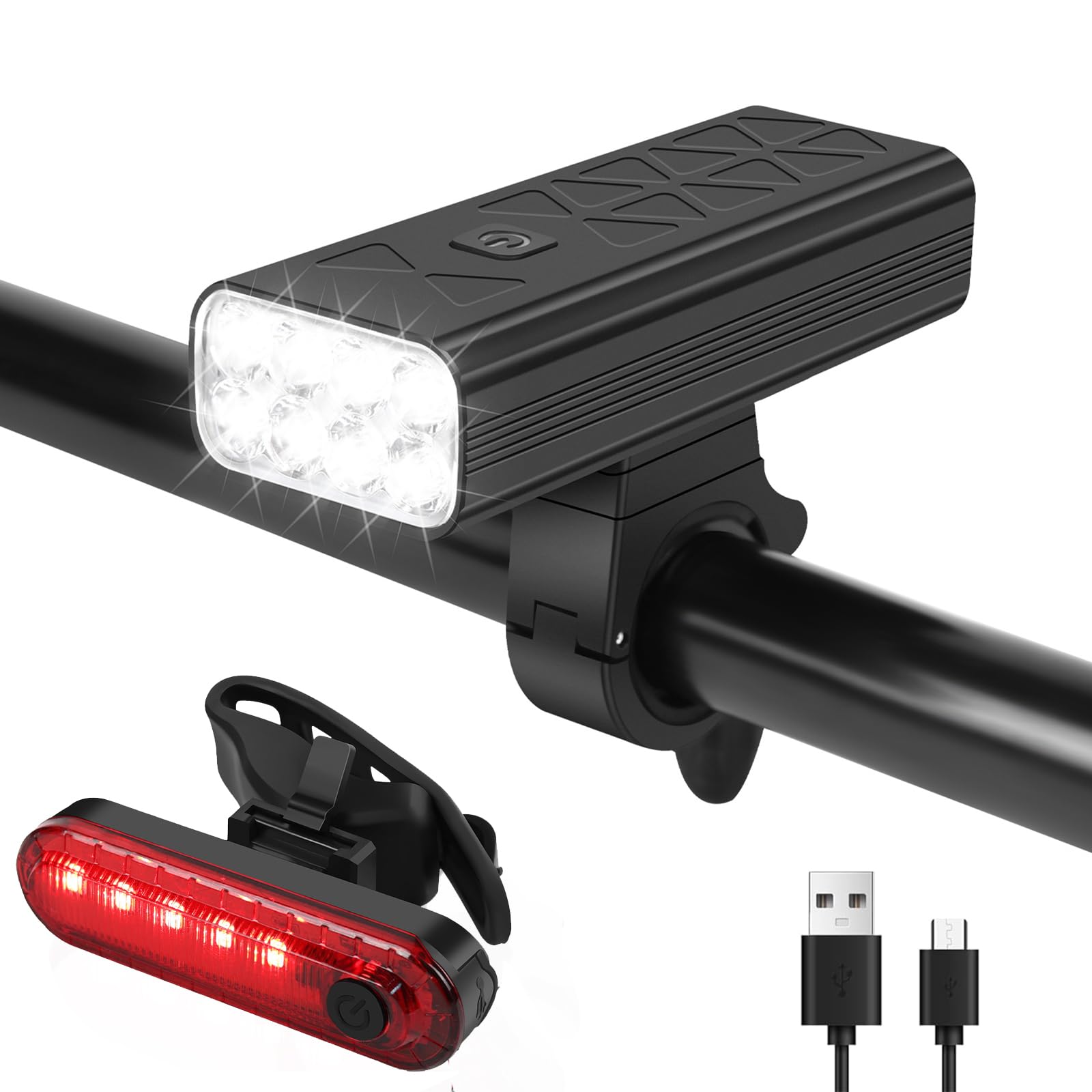 Bright Bike Light Set, Bicycle Front Headlight and Back Taillight, 8 LED 1000 Lumen and 9600mAh USB Rechargeable Bicycle Headlight, 5 Light Modes Front Light and 4 Modes Taillight