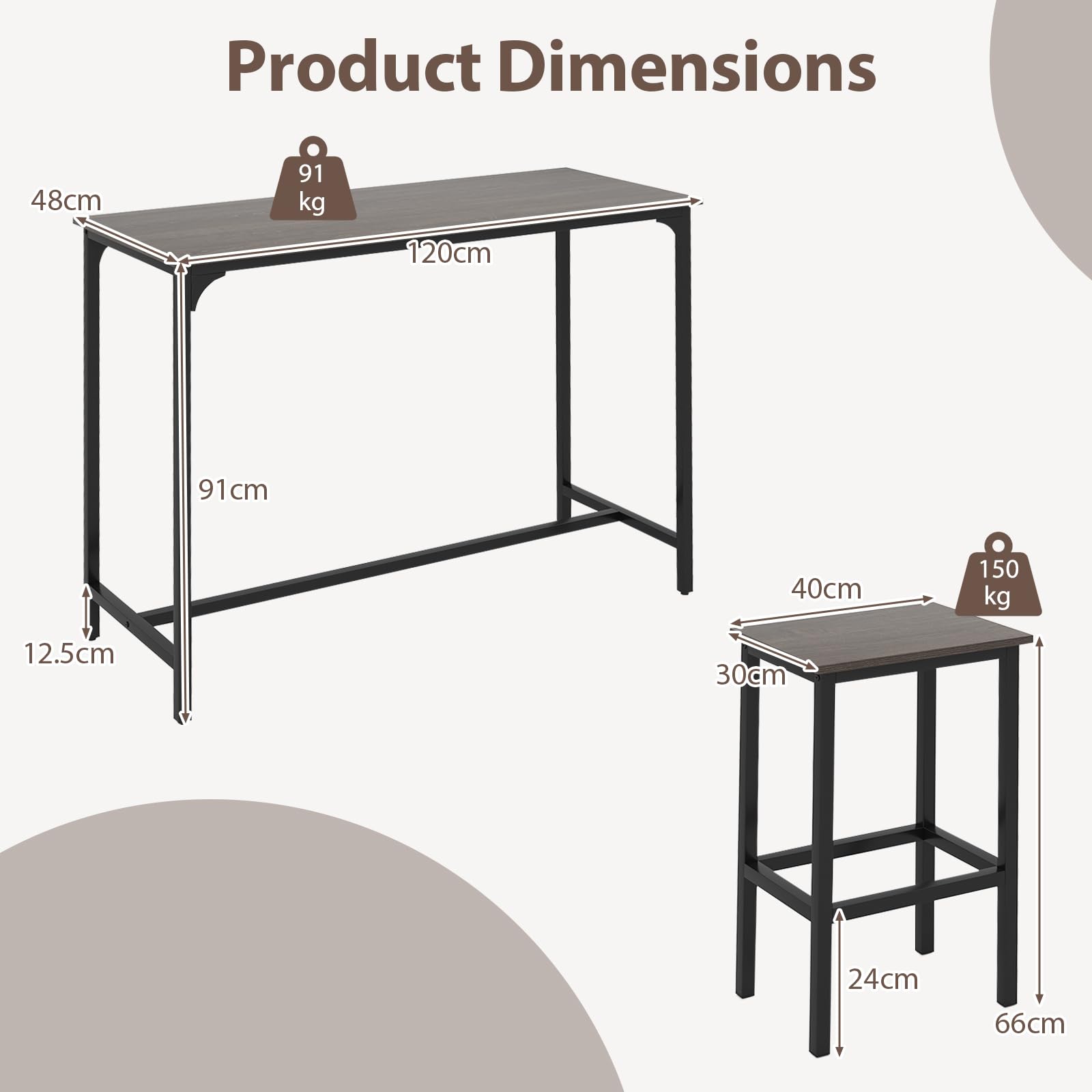 GIANTEX Juego de Muebles de Bar 3 Piezas, Mesa de Bar Rectangular y 2 Taburetes con Reposapiés, Diseño Compacto, para 2 Personas, Muebles para Comedor, Cocina (Gris)