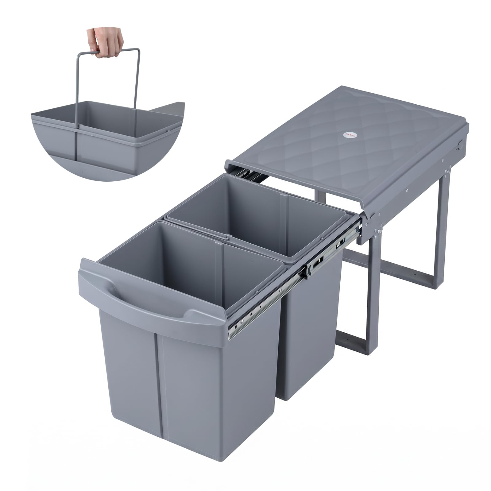 LIFEZEAL Abfallsammler 20L+20L, Ausziehbarer Einbaumülleimer für Unterschrank, Mülltrennsystem Küche mit 2 herausnehmbaren Fächern, Abfalleimer Mülleimer für Schränke, 50,5 x 33,5 x 41 cm, Grau