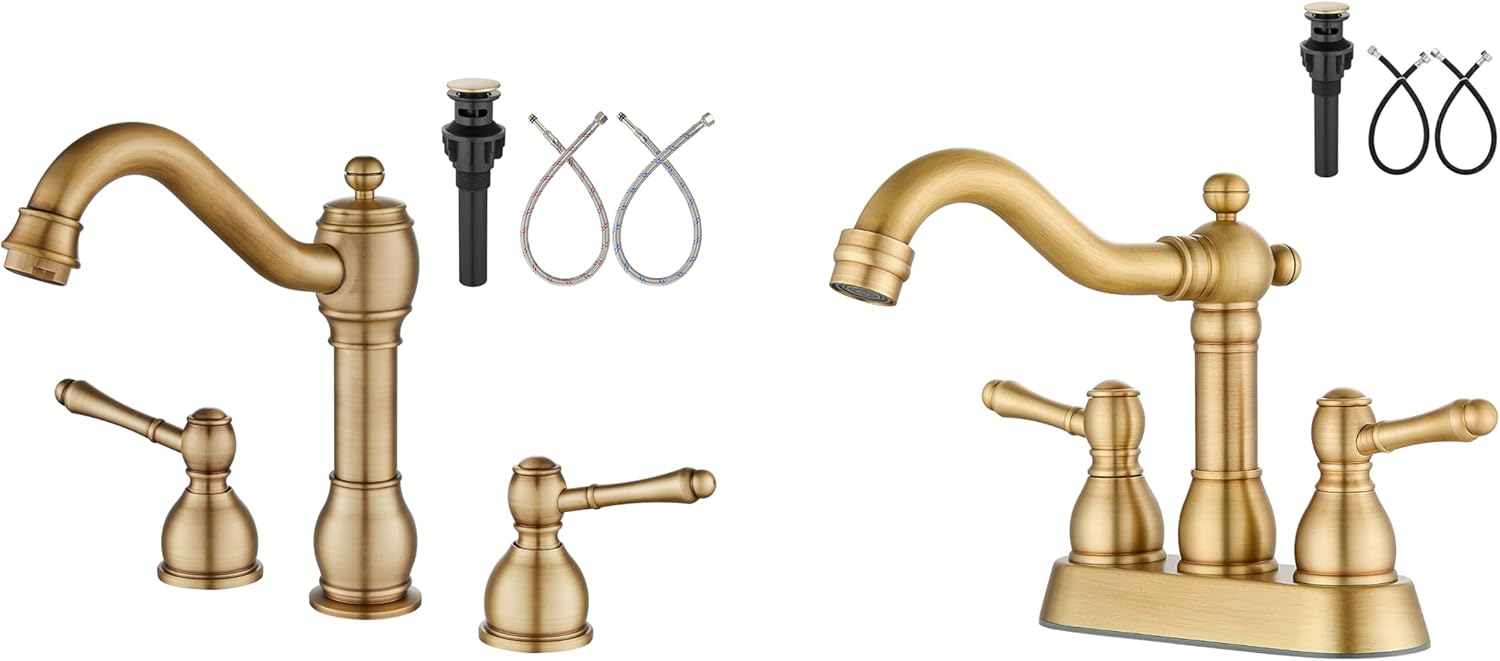 Aolemi Antique Brass 8 Inch Widespread Bathroom Sink Faucet Double Lever and 4 Inch Centerset Bathroom Sink Faucet Double Handle
