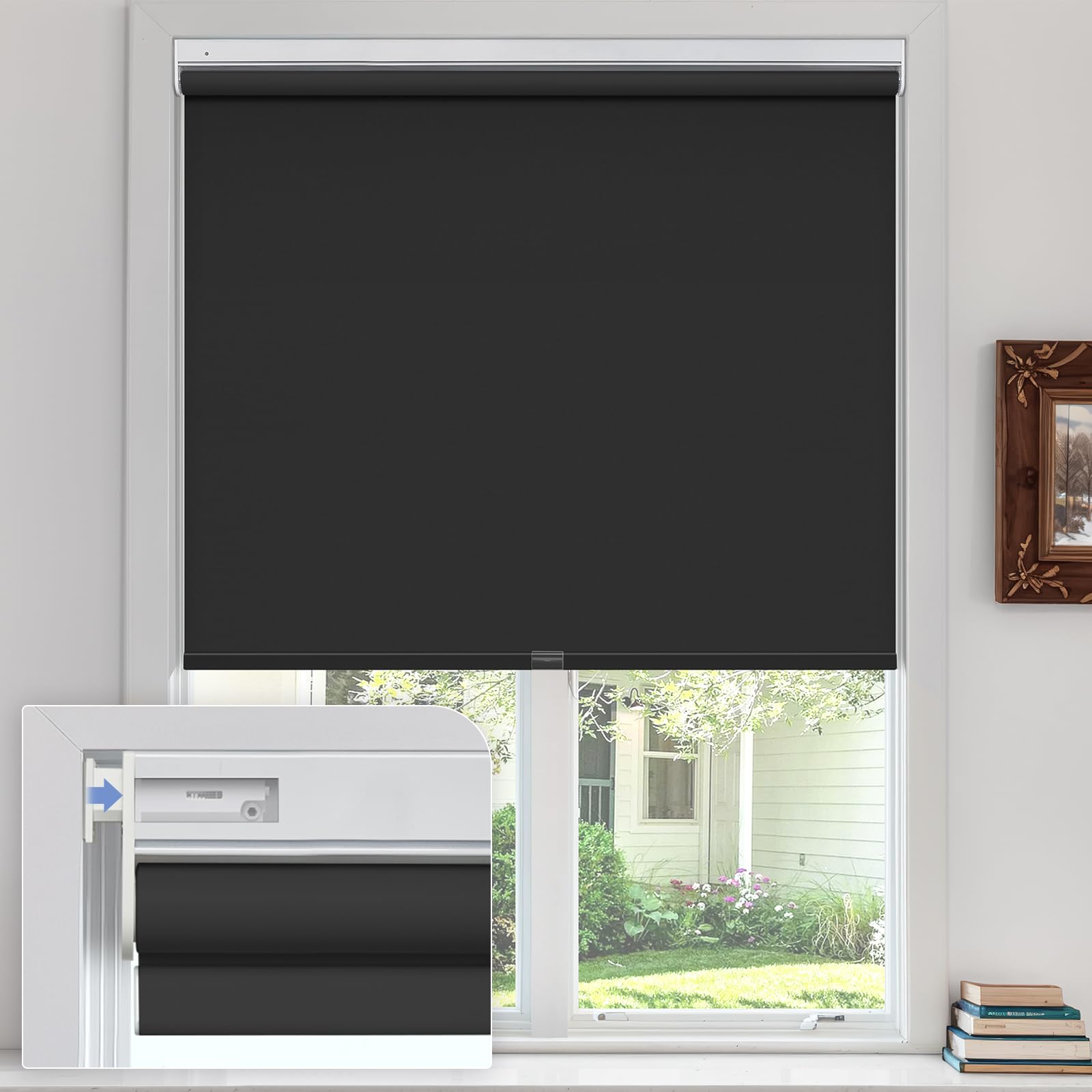 UrMoon Blackout Roller Blinds for Windows, No Drill Cordless Blind Easy Fit Room Darkening Shades Trimmable UV Protection Thermal for Home Office (Blackout - Black, 58cm W x 165cm H) — image 1