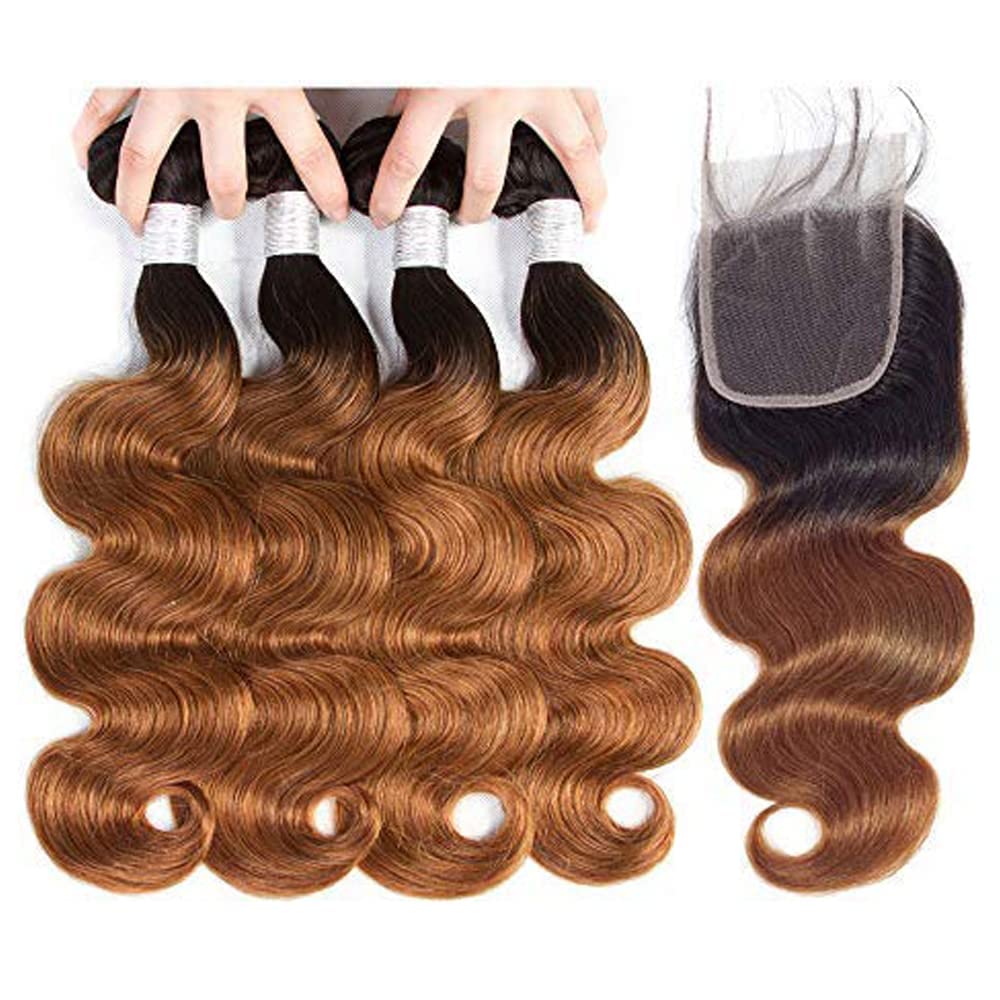 Sakula Ombre Blonde Body Wave Bundles with Closure 100% Unprocessed Brazilian Remy Virgin Hair Body Wave Human Hair 4 Bundles with 4 * 4 Free Part Lace Closure with 1B/30 Color (18 18 20 20+16 inch)