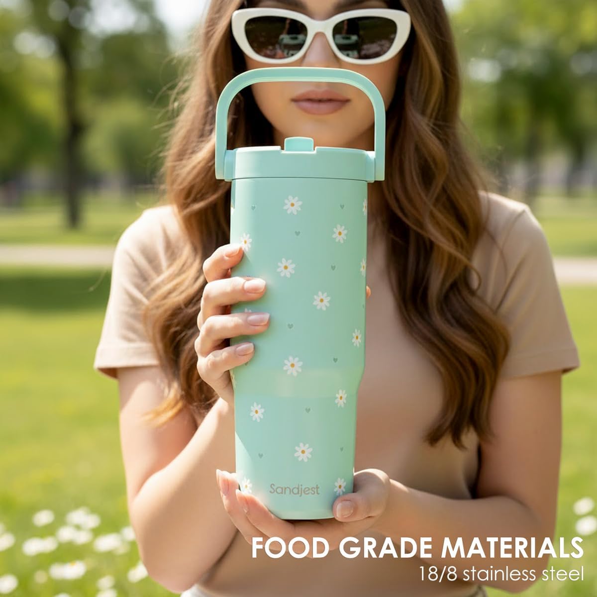 SANDJEST Daisy Stainless Steel Straw Lid Tumbler 30oz with Carry Handle for Women Girls, Insulated Travel Coffee Cup, Gift for Sports Outdoor Workout Christmas Birthday (Mint) - Image 6