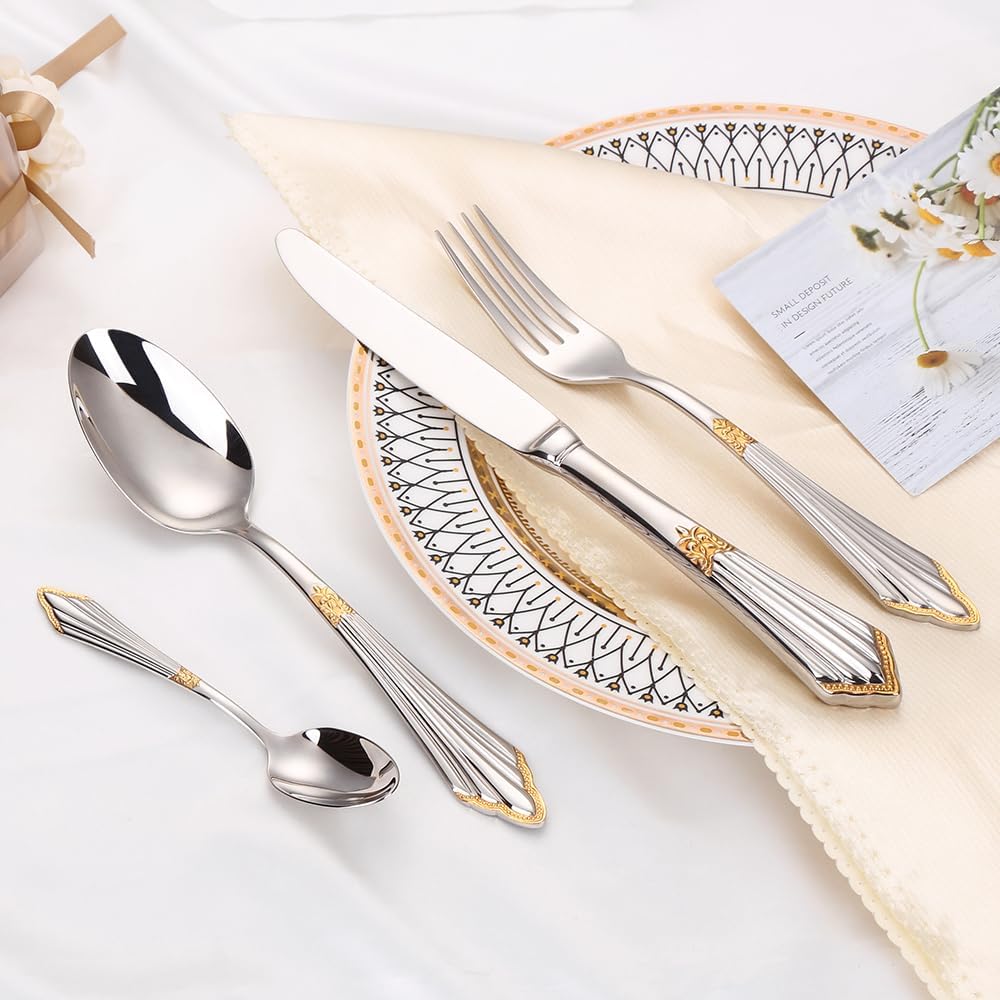 24-Piece Silverware Set with Gold Accents, 18/10 Stainless Steel Flatware Set for 6, Mirror Polished Luxury Cutlery, Dishwasher Safe Tableware