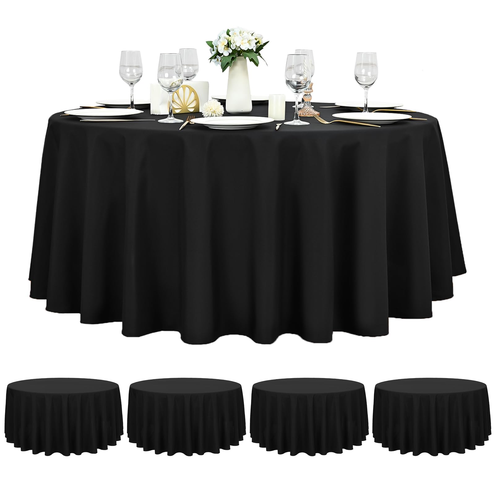 Pesonlook 4 Pack Black Round Tablecloth 120 inch Polyester Table Cloths for Round Tables Waterproof Stain Resistant Washable Table Cover in Bulk for Wedding Party