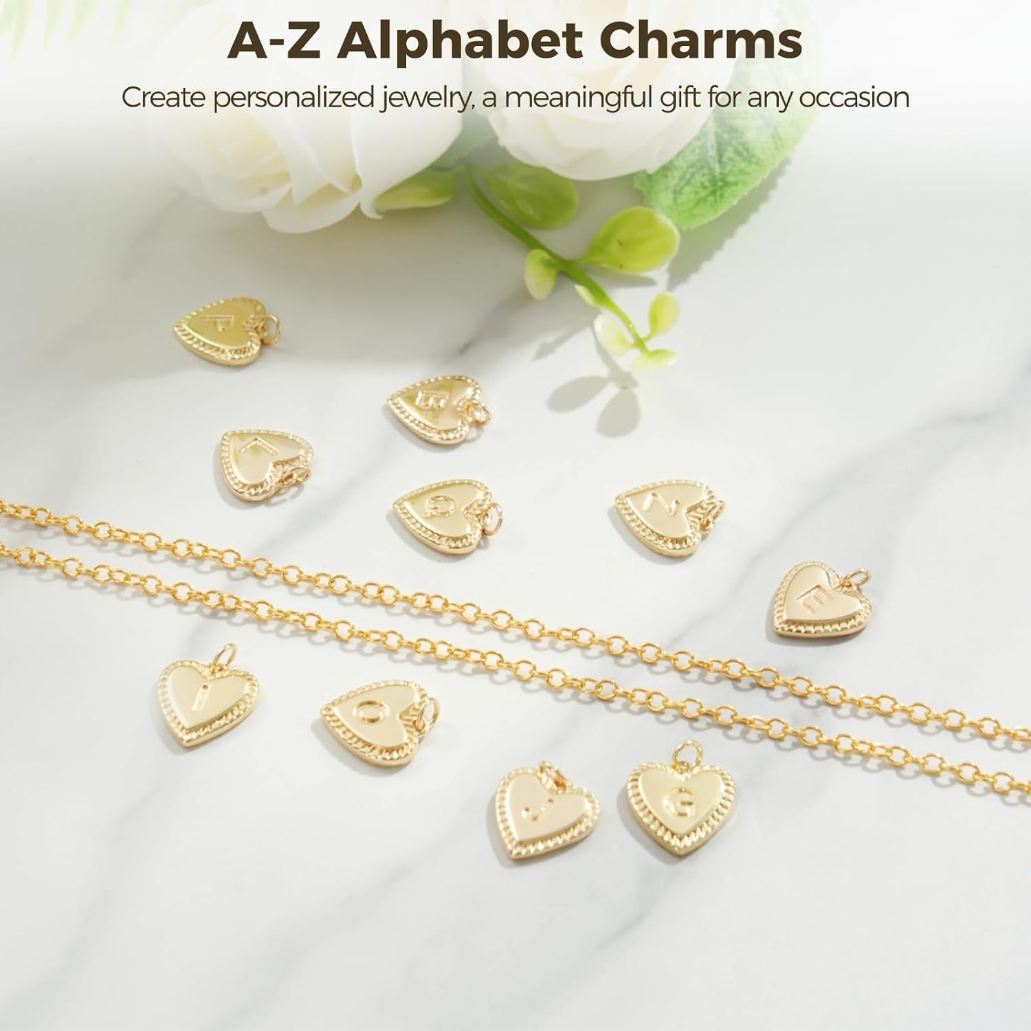 26Pcs 14K Gold Plated Heart Alphabet Charms, A-Z Letter Pendants for Jewelry Making, 0.73 x 0.59 Inch Initial Charms for DIY Bracelet Necklace Keychain