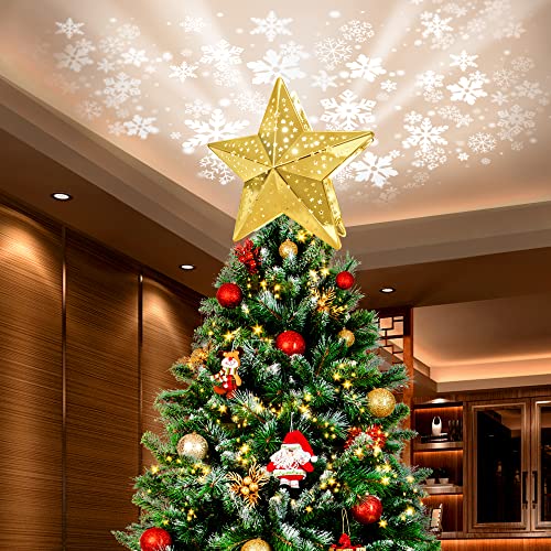Kpcb Christmas Tree Topper Lighted Decoration, Star Tree Topper With Gold Plated Finish, Tree Toppers Christmas Decorations With Snowstorm Projection #TOP5