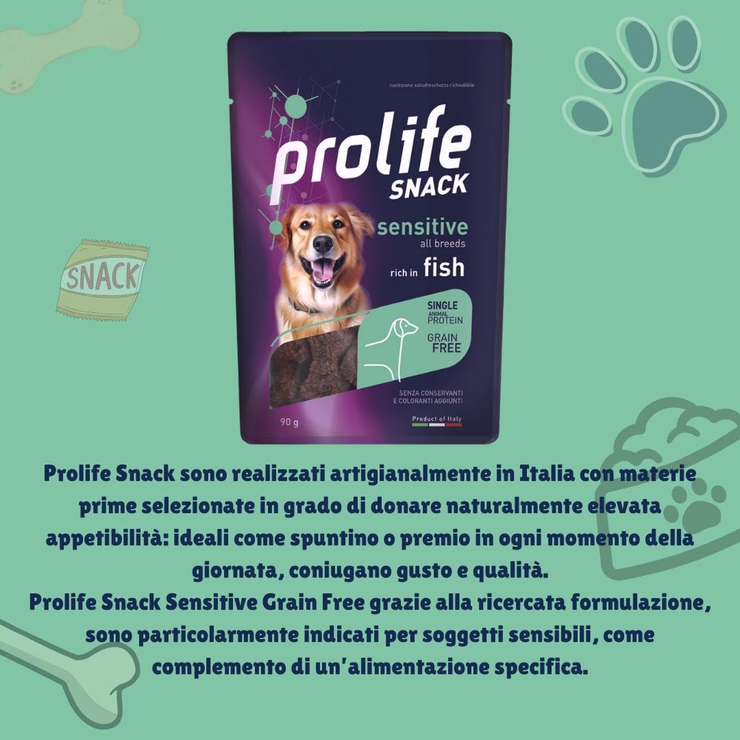 Prolife Snack Cane Adult Sensitive gusto SALMONE, snack per cani adulti di tutte le taglie senza conservanti e senza cereali, grainfree, monoproteico | 3 bustine da 90 grammi l’una.