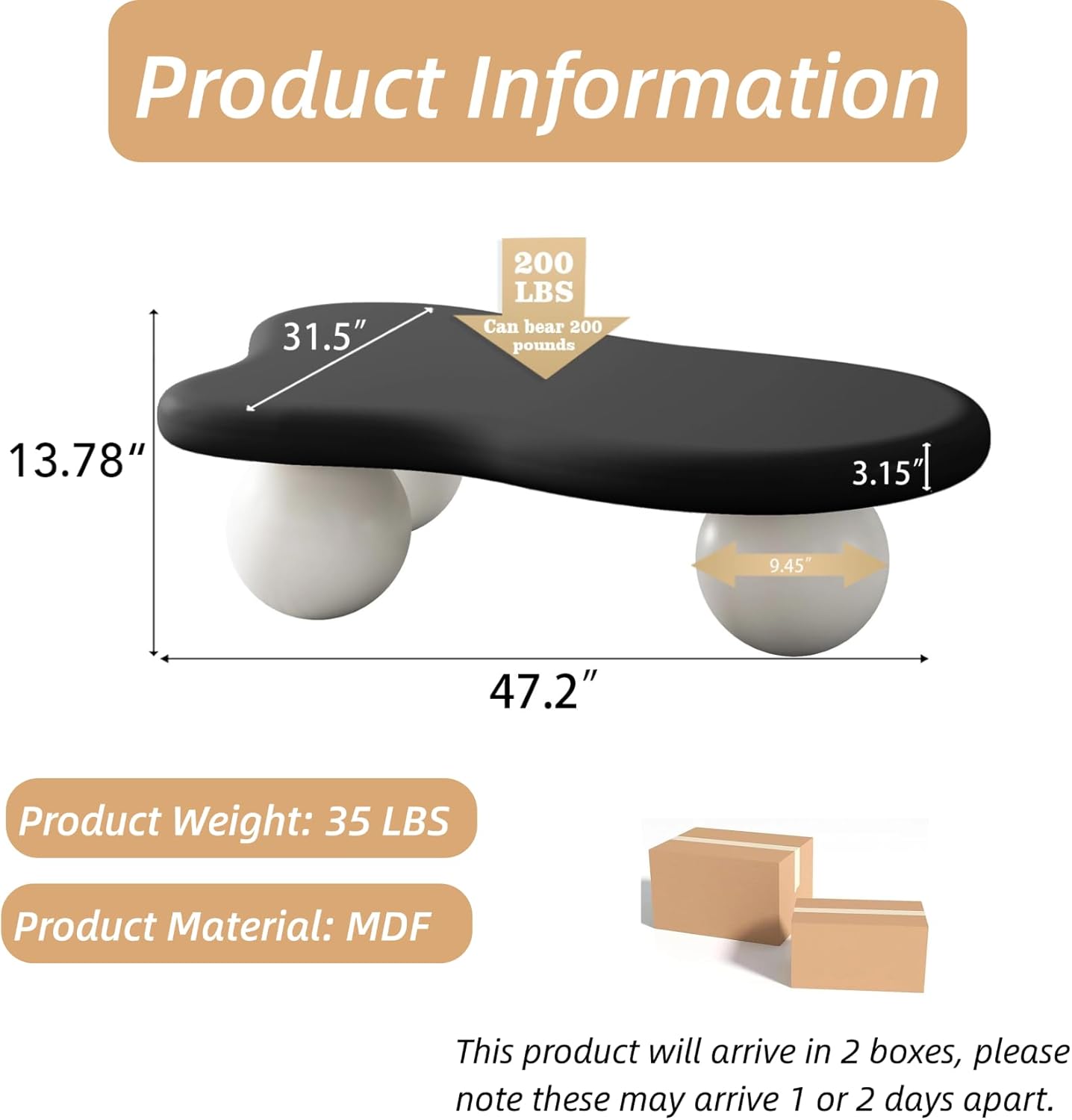 47" Cloud Coffee Table with Round Edge, Modern Coffee Table with 3 Ball Legs, Accent Unique Center Tables for Living Room, Balcony, for New Home, Easy Assembly, Black Top White Legs