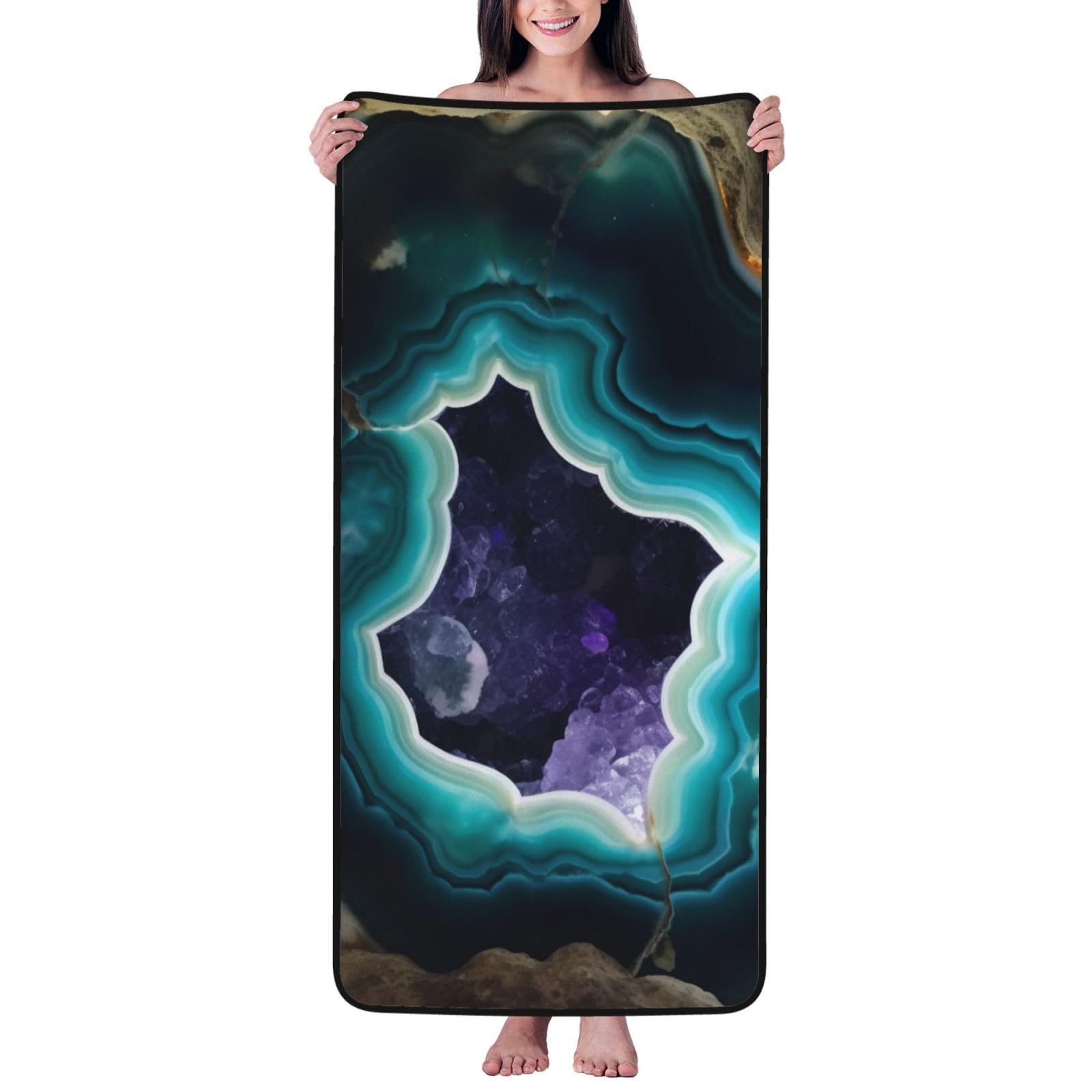WPKJU Teal Agate Printed Bath Towel with Black Edging - 27x55 in Soft Extra Absorbent Coral Velvet Shower Towels for Bathroom