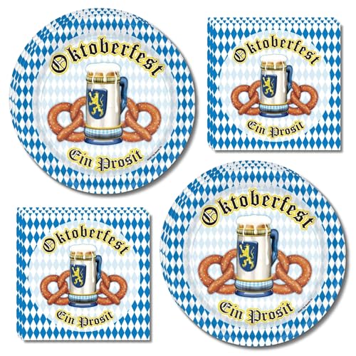 Oktoberfest Party Supplies Bavarian Blue and White Diamond Paper Dessert Plates with Ein Prosit Napkins Set (Serves 16) German Beer Festival Garden Party Tableware & Celebrations Decor