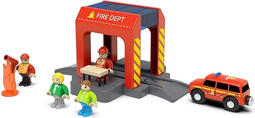 Accesorios de madera para pistas de tren de bomberos juego de estación de bomberos compatible con todas las principales marcas de la colección