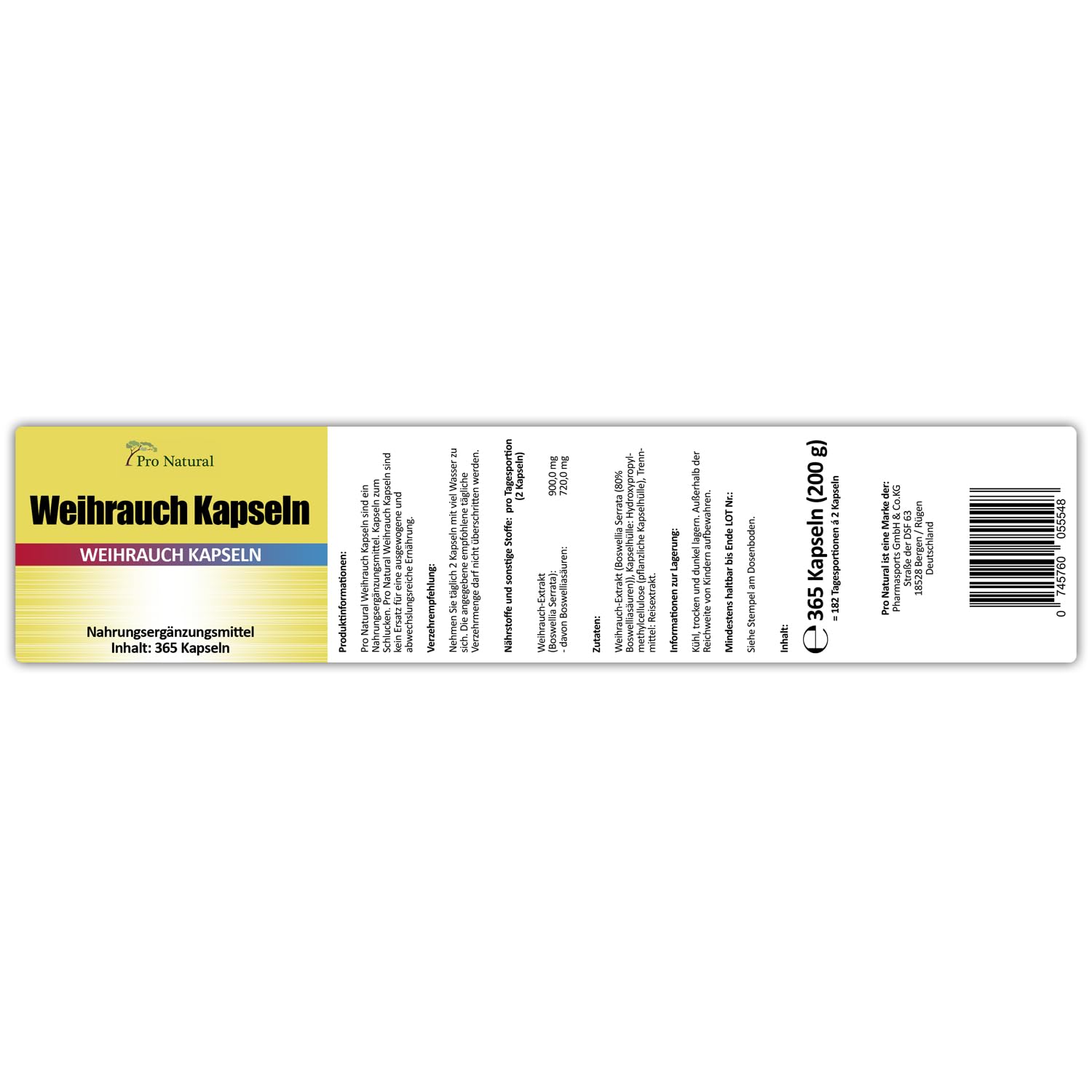 Weihrauch Kapseln hochdosiert 450mg - 365 Kapseln (vegetarisch), Boswellia von Pro Natural