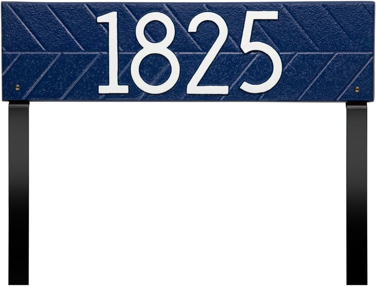 Whitehall Personalized Lawn Address Plaque, Custom Modern Horizontal House Number Sign, Cast Aluminum, 18.25 x 5 inch Rectangle, Dark Blue with White Numbers