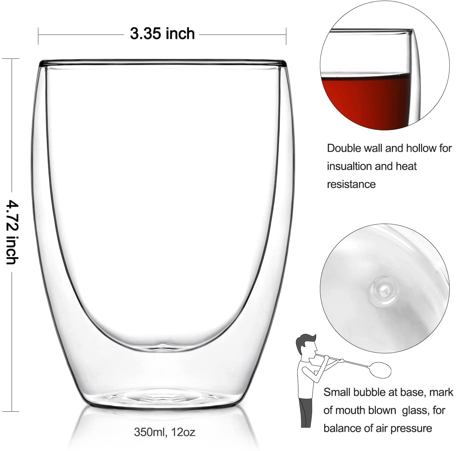 Anadi Double Wall Glass Light Weight Coffee Cups, Insulated Mugs, Espresso, Latte, Cappuccino, Tea, Pack of 2 Transparent 350 ml 2