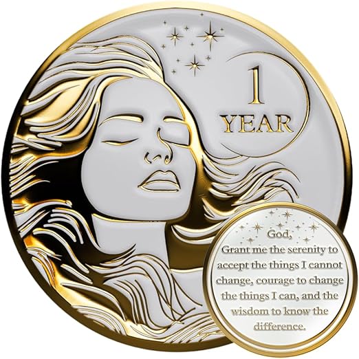 1 Year Sobriety Coin Gift Set | Women's Serenity Token AA Chip Medallion with Coin Capsule, Display & Card | Sobriety Gifts for Women in Recovery for Anniversary Month & Year. (Gold)