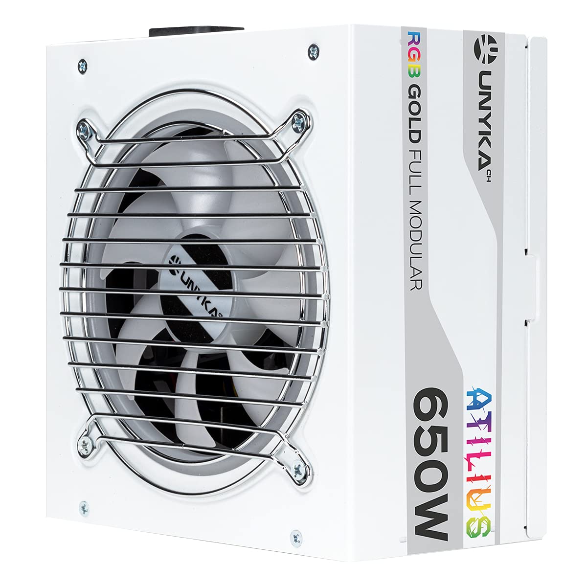 UNYKAch Fuente de Alimentación ATILIUS RGB White 650 W Full Modular, 90 % Eficiencia, ATX 2.31, Condensadores Taiwaneses, Ventilador RGB 120 mm