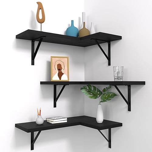 NATURE'S SOURCE Corner Floating Shelves Set of 3, Corner Shelves Wall Mounted, for Bedroom Kitchen Living Room Bathroom Office- Gothic Style (Black) - Set of 3 - Black