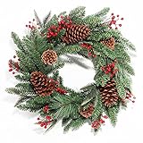 Umart Christmas Wreaths for Front Door, 24 Inches Artificial Pine Cones Christmas Wreath, Red Berry Evergreen Leaves, Winter Outdoor Christmas Wreaths for Frontr Door, Christmas Front Door Decorations