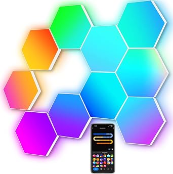 Large Hexagon LED Lights for Bedroom, Smart Home Gaming LED Wall Lights RGB-IC Gaming Room Decor Work with Alexa Google Assistant, Voice/App Control, Music Sync, DIY Modular LED Light Panels, 10 Pack [Energy Class F]
