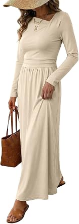 Dokotoo Womens Long Sleeve Asymmetrical Neck Maxi Dress