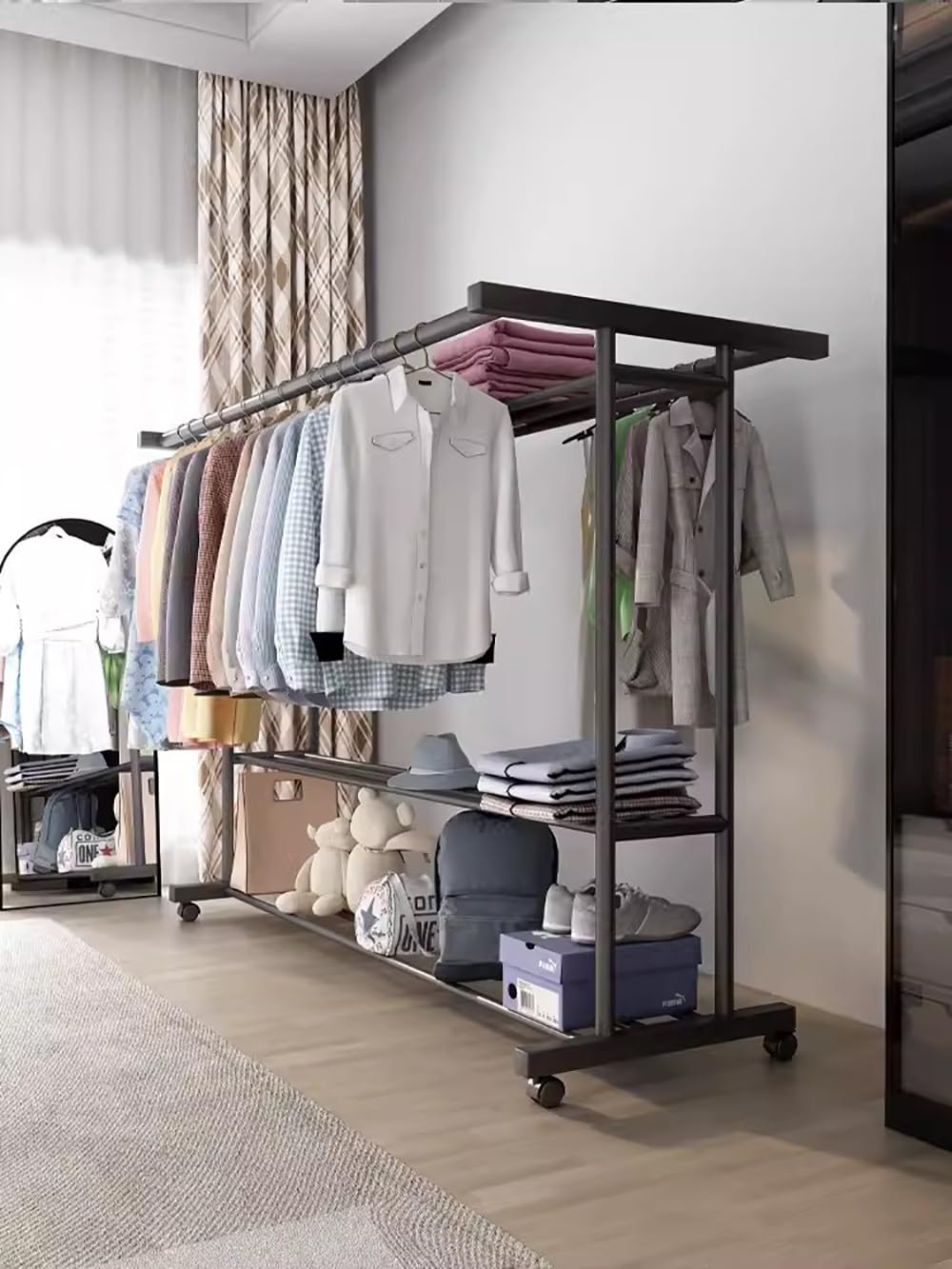 Portant Penderie à Vêtement En Métal Avec Roues, Mobile Portemanteau Multifonctionnel Pour Chaussures Chapeaux Et Écharpes Dans Le Couloir, Charge 150Kg, (120cm, 150cm
