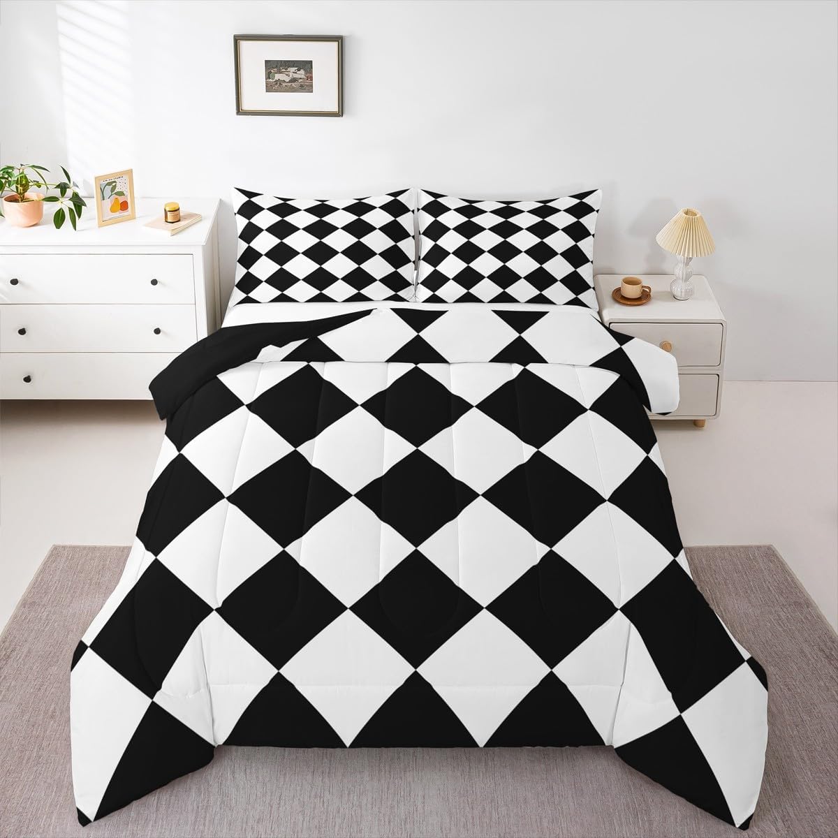 Feelyou Checkered Retro Comforter Set Full Size Black White Plaid Bedding Set Geometric Vintage Duvet Quilt Modern Simple Groovy Aesthetic Bedroom Decor Black White 3 Pcs with 2 Pillow Cases