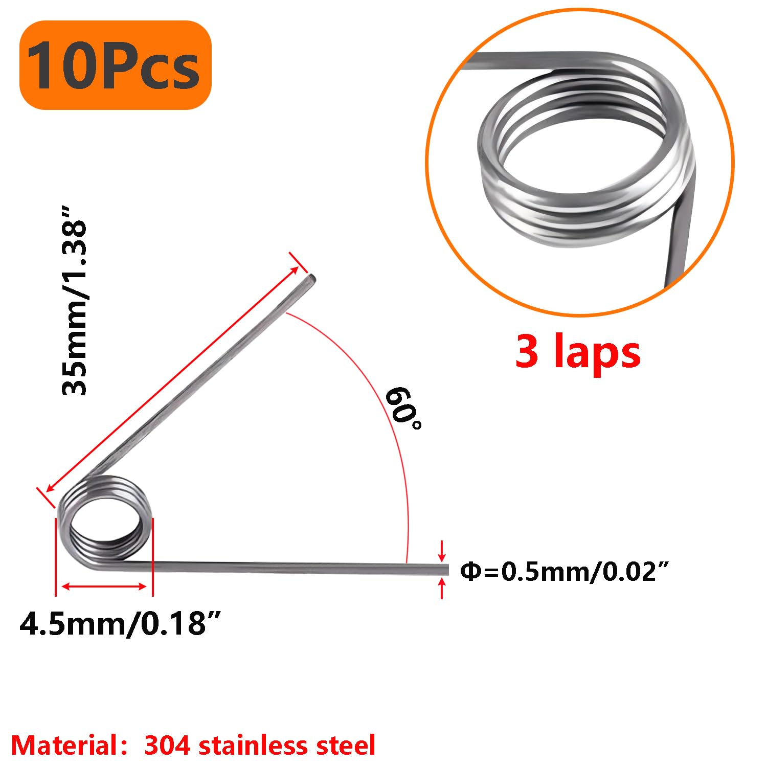 10 Ressorts De Torsion Acier Inox 304 - Fil 0.5mm, Diamètre 4.5mm, 3 Tours, Angle 120° | Qrity