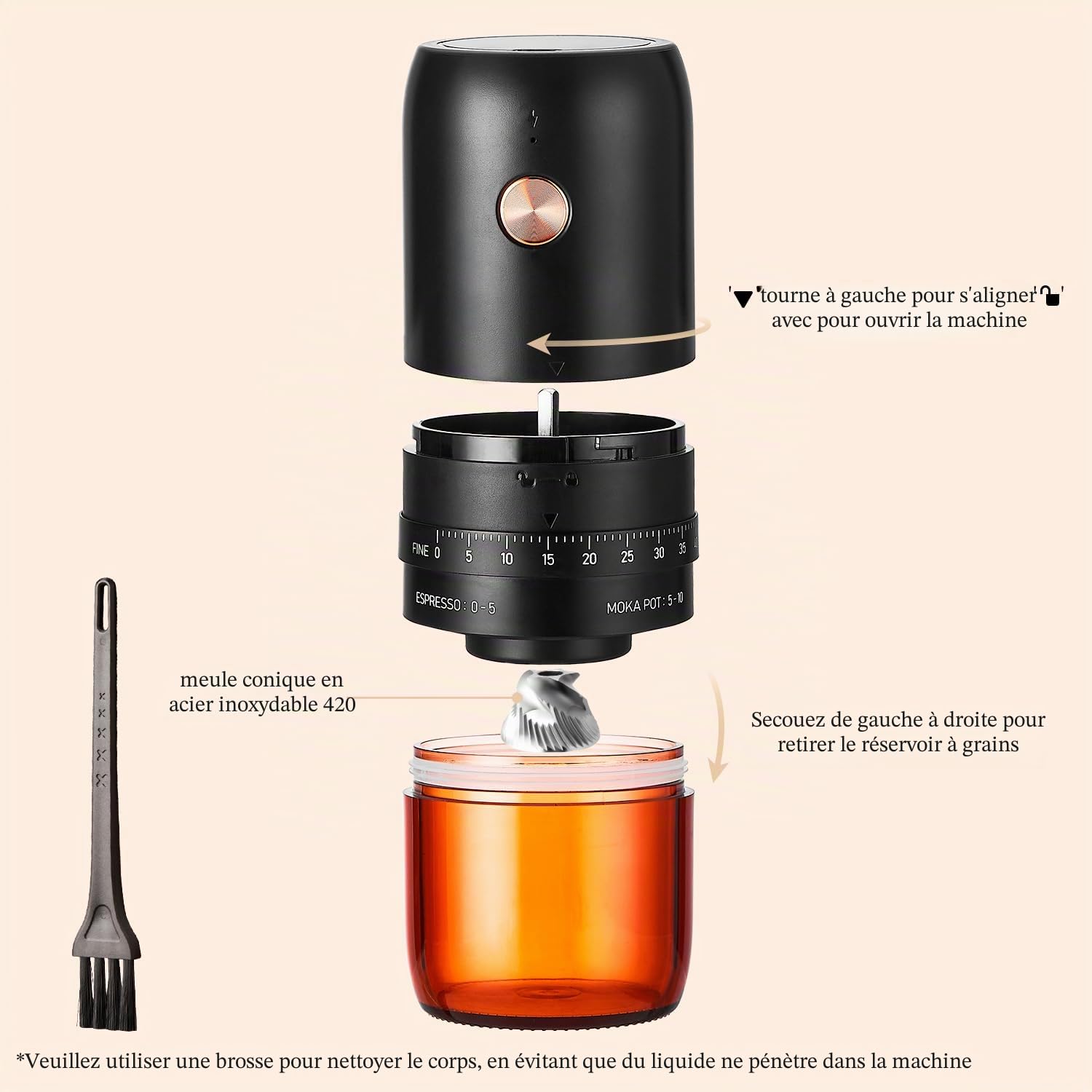 Moulin à café électrique, petit moulin à café rechargeable, noyau de broyage en acier inoxydable avec paramètres externes réglables, moulin à café électrique portable sans fil – Noir