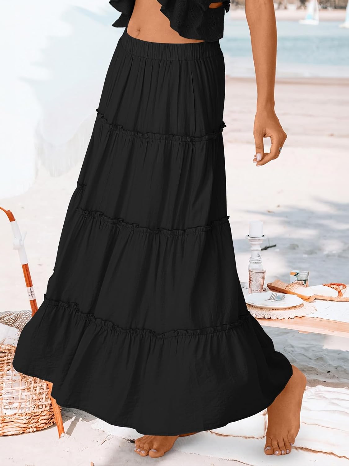 Trendy Queen Vacation Outfits Long Skirts for Women Boho Maxi Skirt Elastic High Waist Dress with Pockets Fashion - Image 3