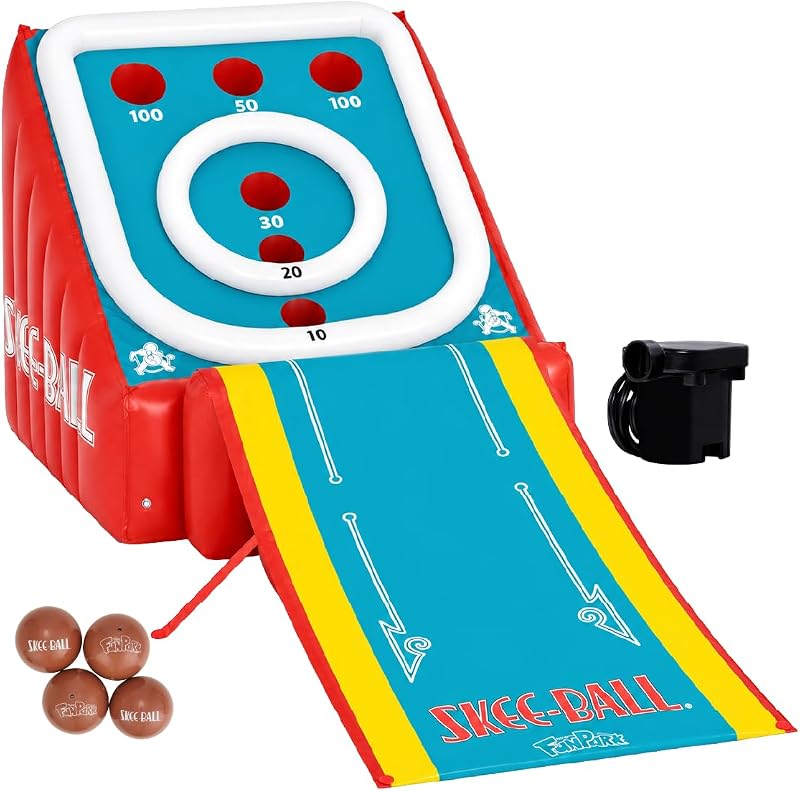 FunPark Juego de Skee-Ball inflable gigante, juegos al aire libre de 11 pies para niños y adultos, 4 bolas y bomba de aire eléctrica incluida, juegos de patio, juego de carnaval para familia, fiesta en interiores y exteriores, a partir de 6 años
