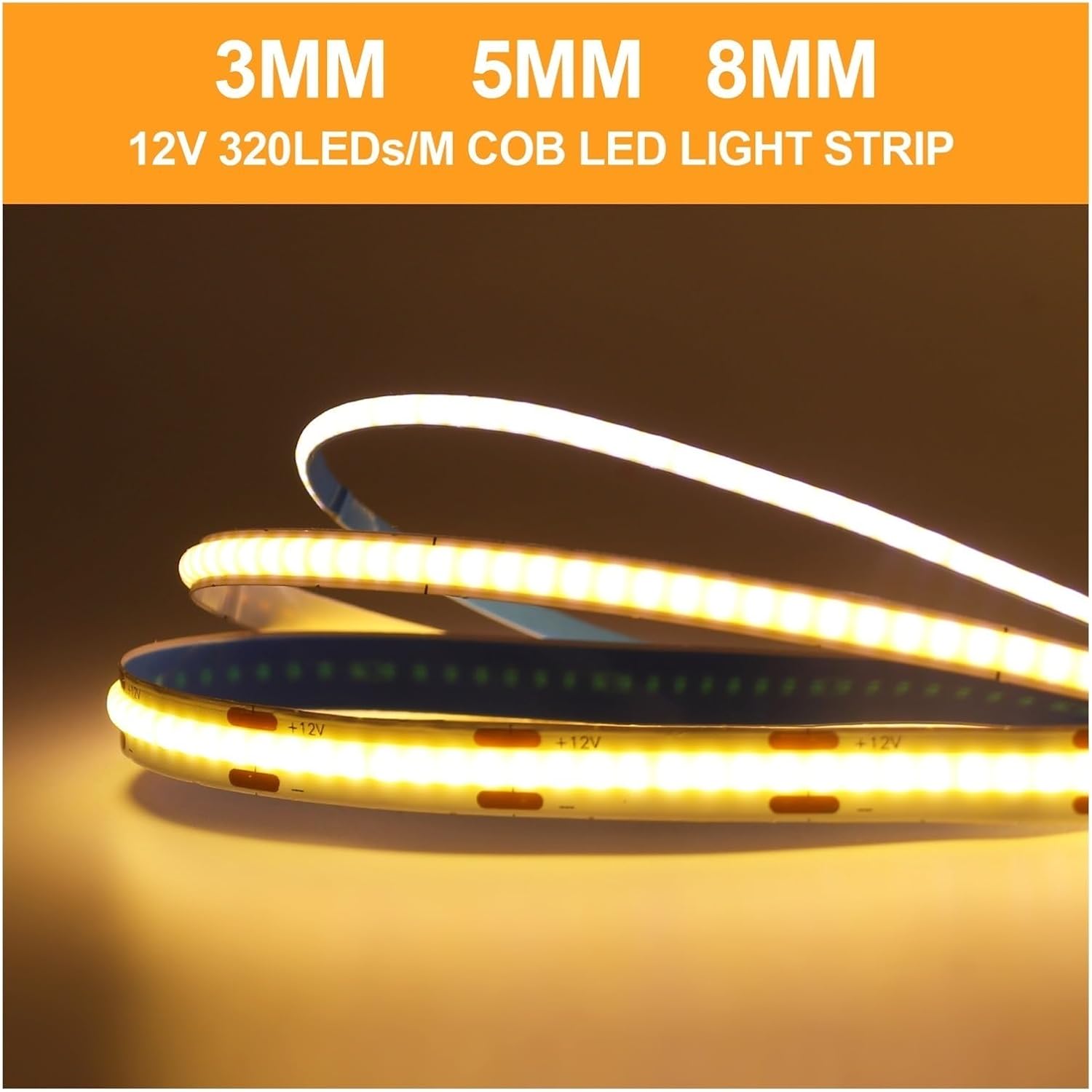 USB COB LED Strip 3mm 5mm 8mm Width 12V 320LEDs Flexible LED Strip Light with Adhesive High Density Linear Lighting(Natural White,5V 3MM DC Wire_2M)